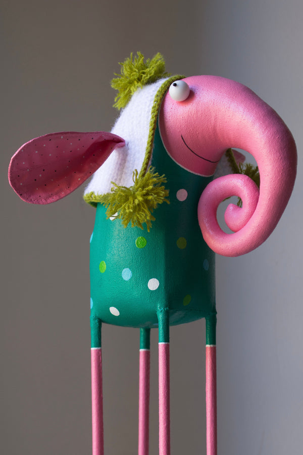 Handmade Elephant in the Knitted Hat Interior Sculpture