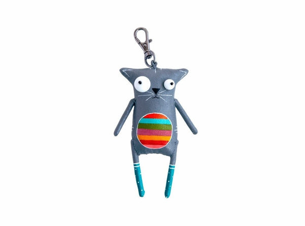 Handmade Gray Cat with Rainbow Belly Keychain