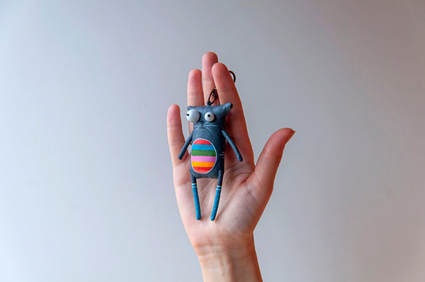 Handmade Gray Cat with Rainbow Belly Keychain - Image 2