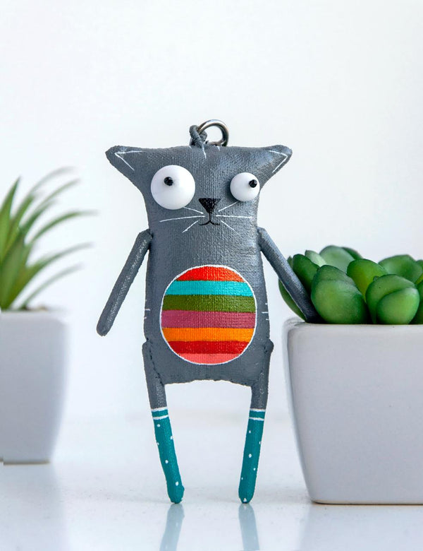 Handmade Gray Cat with Rainbow Belly Keychain - Image 3