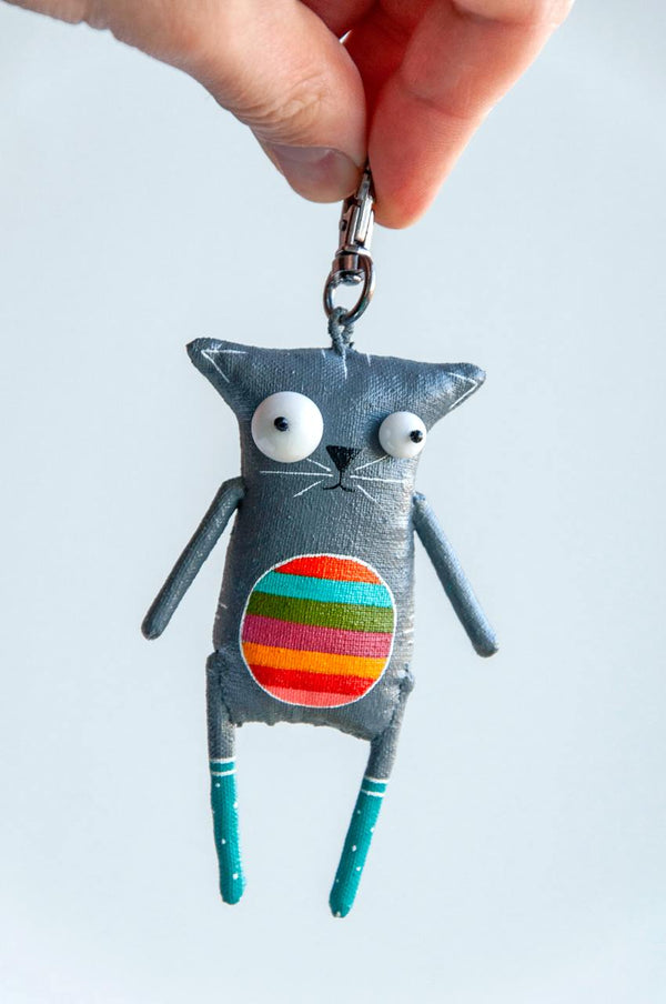 Handmade Gray Cat with Rainbow Belly Keychain - Image 4