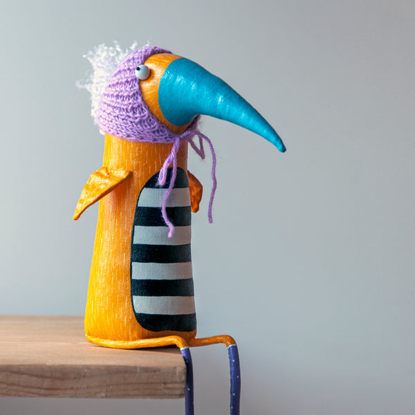 Handmade Yellow Bird in the Knitted Hat