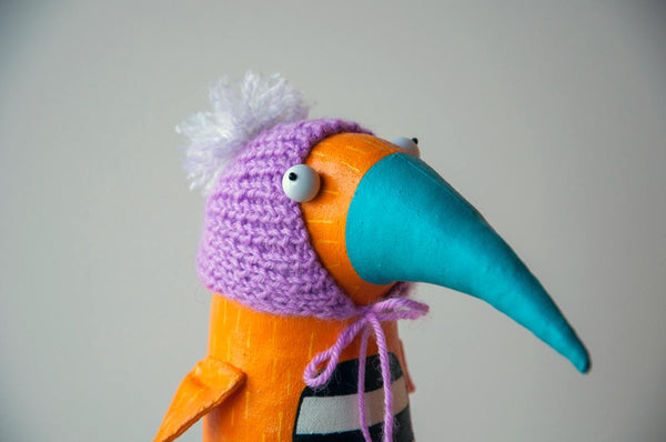 Handmade Yellow Bird in the Knitted Hat - Image 2