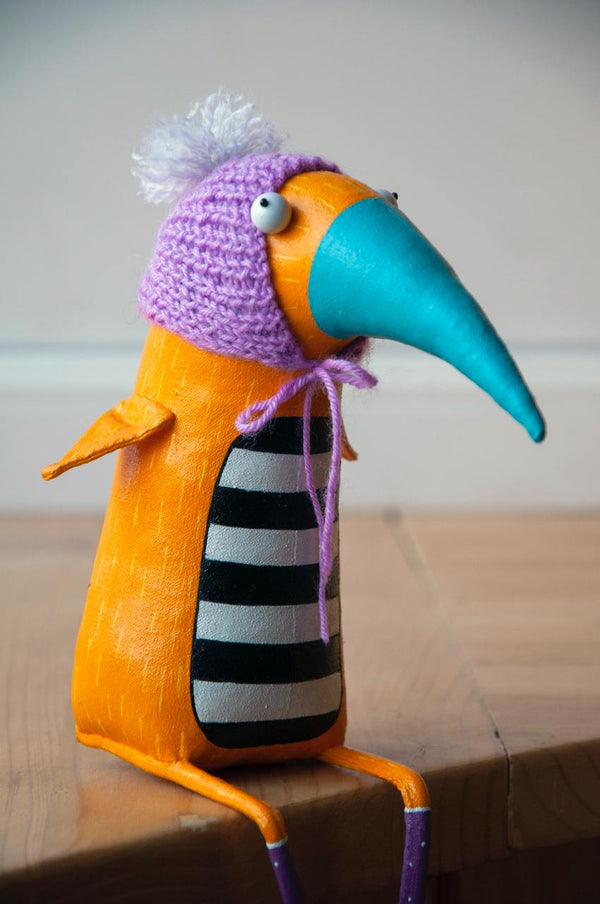 Handmade Yellow Bird in the Knitted Hat - Image 4
