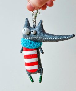 Handmade Little Wolf in the Knitted Scarf Keychain
