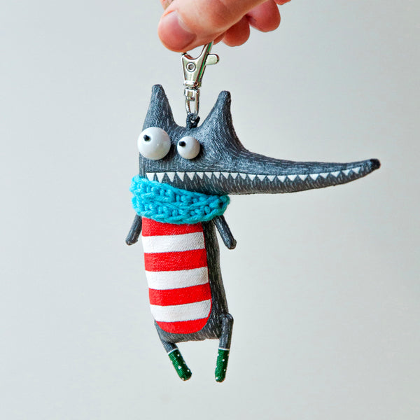 Handmade Little Wolf in the Knitted Scarf Keychain